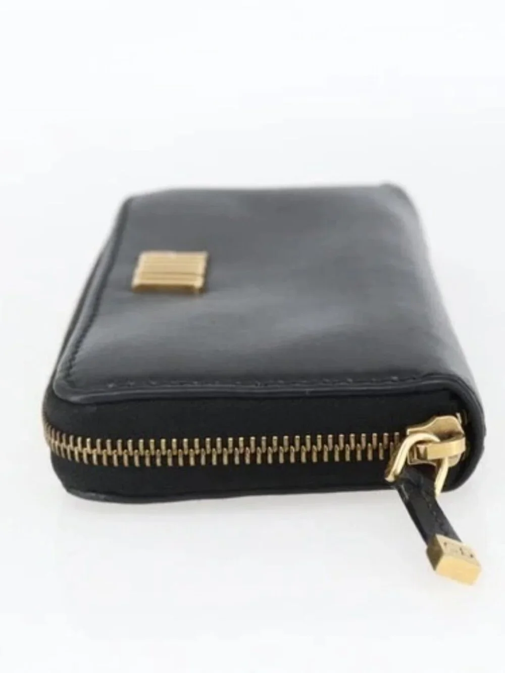 Christian Dior Round Long Wallet Leather Black Gold Auth am10801